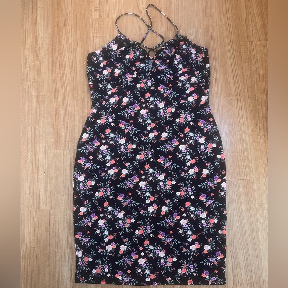 **SOLD***Xhilaration Black Floral Midi Dress with Pink & Purple Blooms